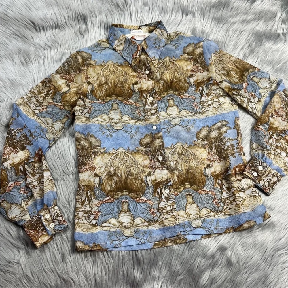 Vintage 70s Jones New York Sheer Polyester Fairy Woman Forest Whimiscal Blouse